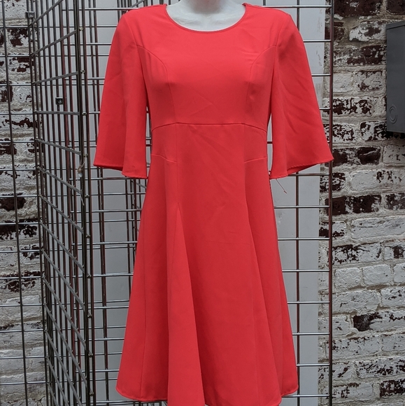 Designer Chaus Coral Red Dress Flutter sleeve shirt A line Size small - Picture 3 of 15